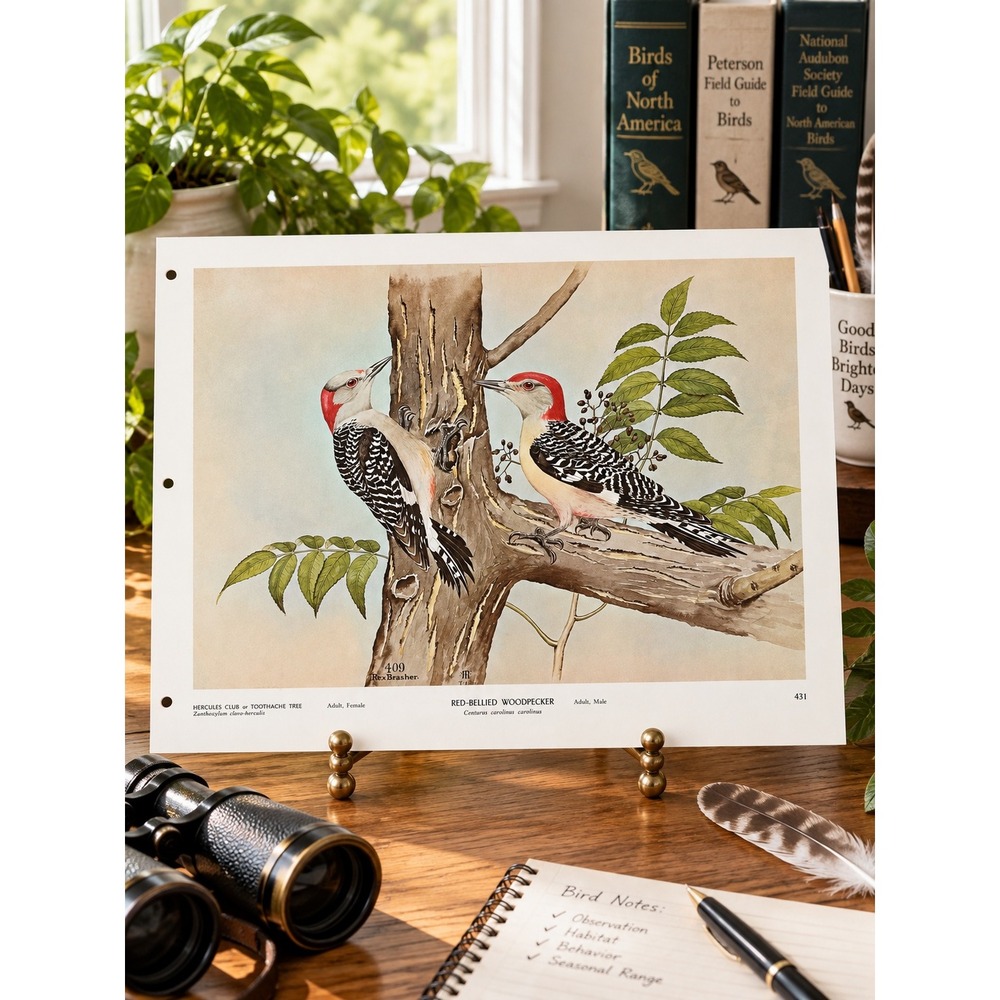 Rex Brasher Red Bellied Woodpecker Bird Vtg Original Book Plate Wall Art Decor